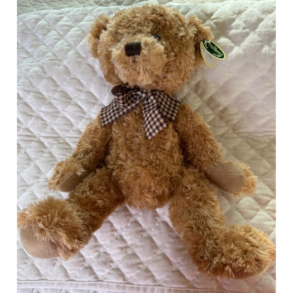 Bearington Collection Theodore Teddy Bear Tan Shaggy Plush Gingham Bow  16"